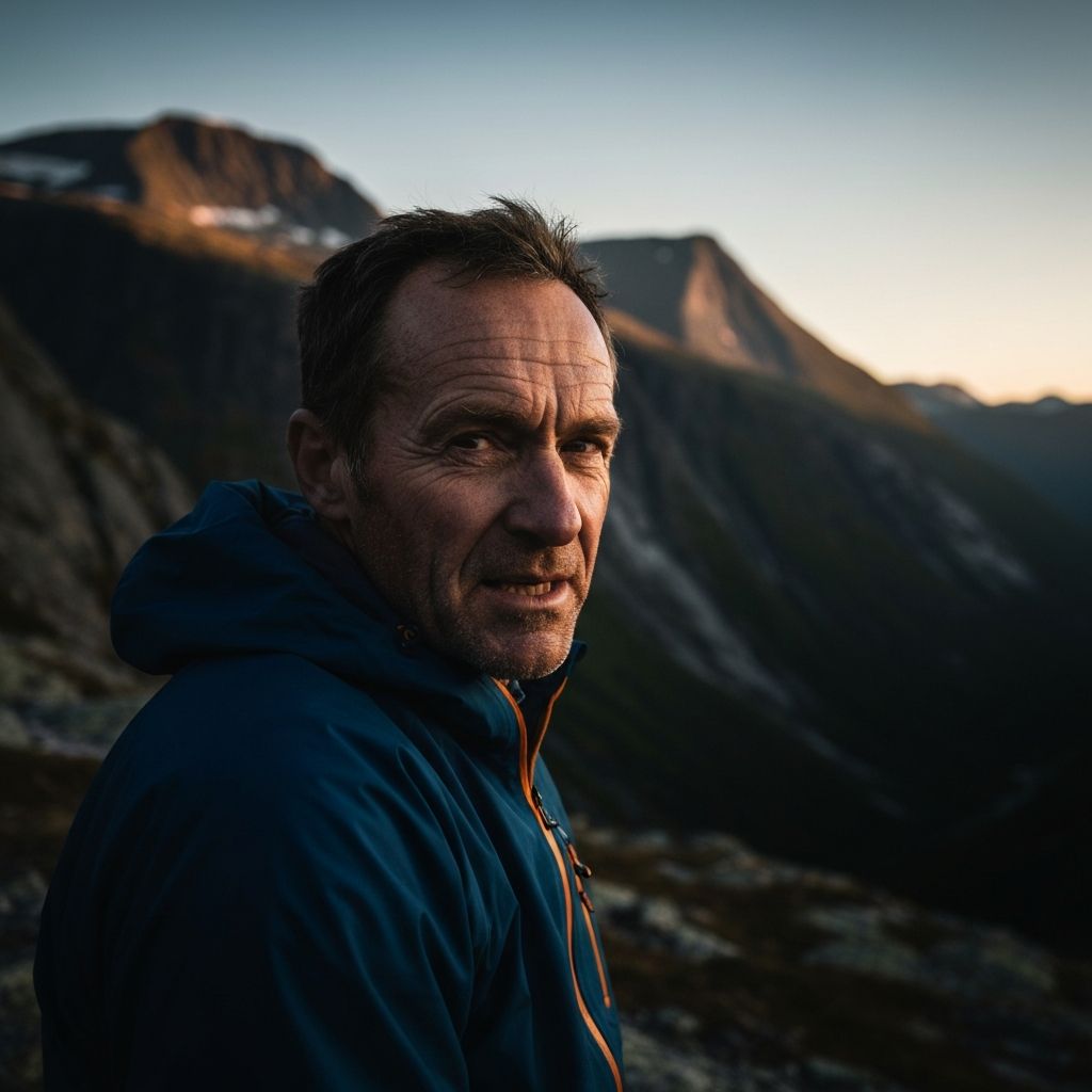 Portrett av klatrer ved solnedgang i norske fjell